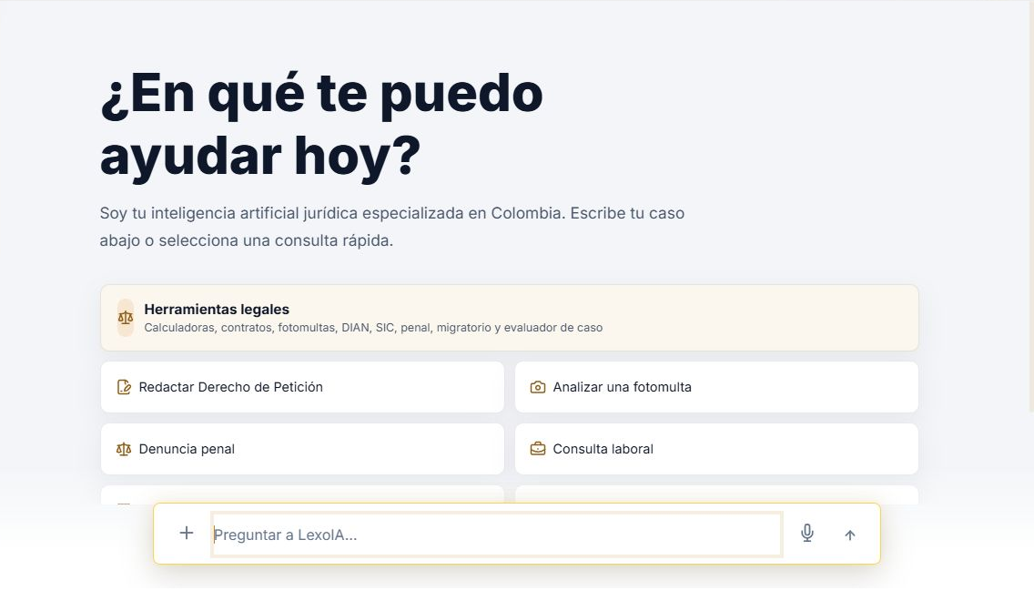Interfaz real de LexoIA con consultas rápidas y herramientas jurídicas